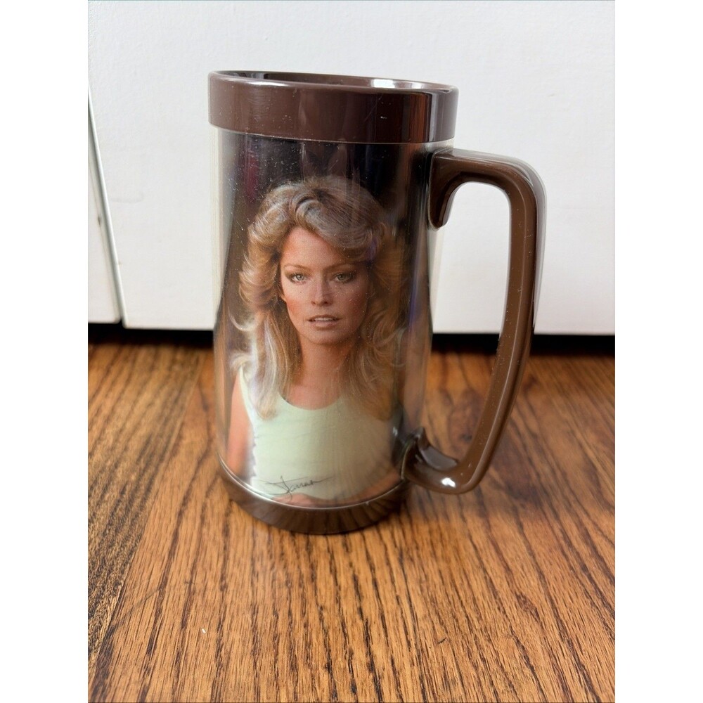 Vintage 1977 Farrah Fawcett Thermo-Serv Insulated Plastic Mug Brown 6.5" USA